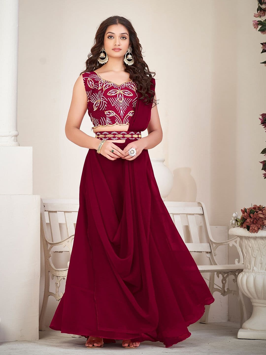 Warthy Ent Embroidered Thread Work Semi-Stitched Lehenga & Unstitched Blouse With Dupatta - view 1