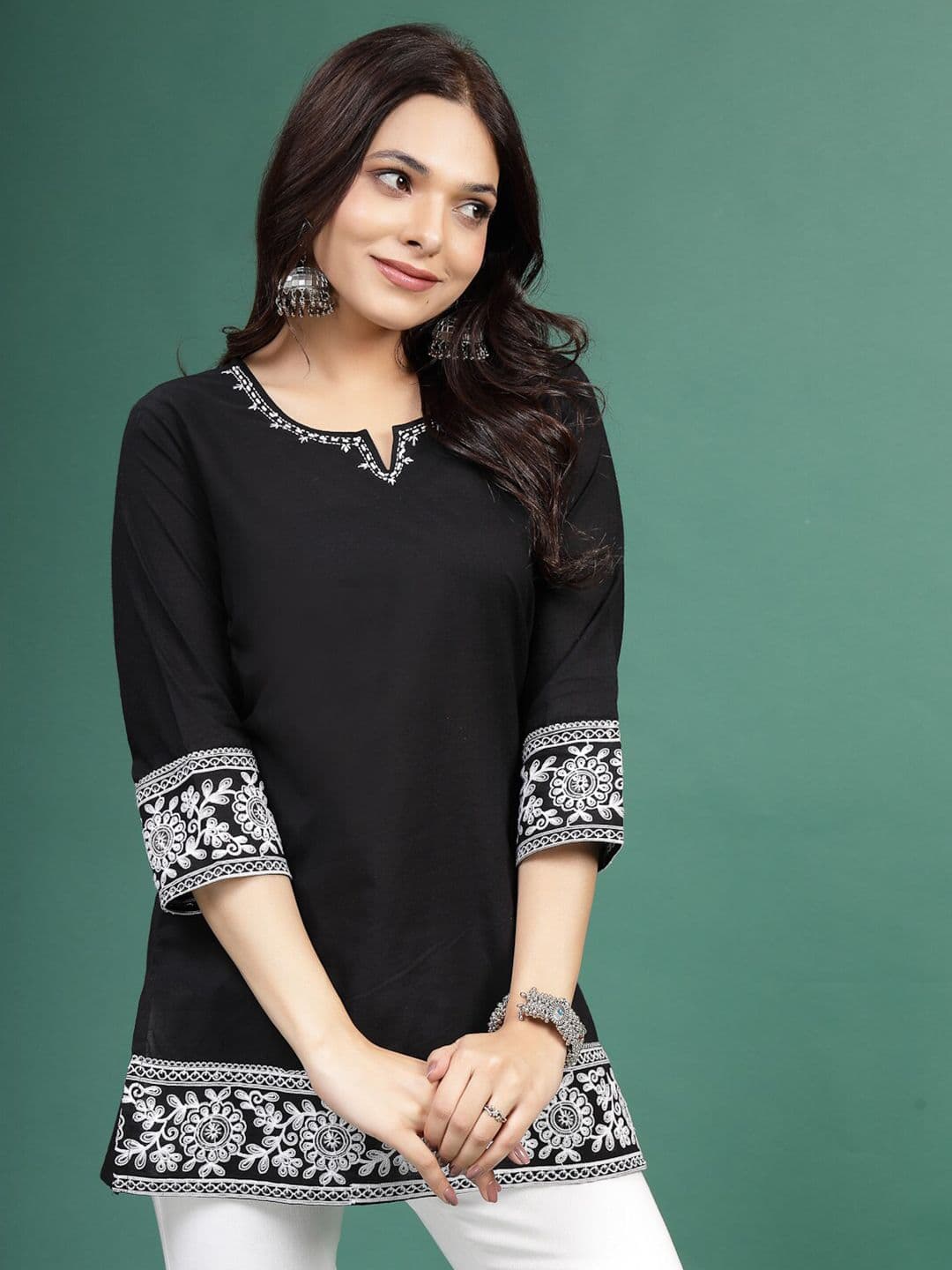 Sangria Embroidered Cotton Notch Neck Straight Kurti - view 1