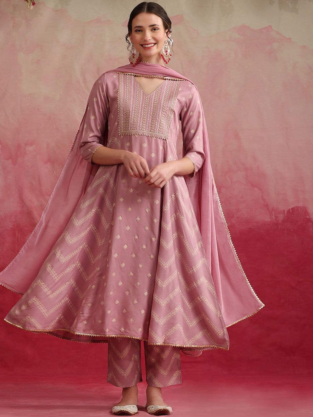 Khushal K V Neck Chevron Embroidered Gotta Patti Anarkali Kurta with Palazzo & Dupatta - view 1