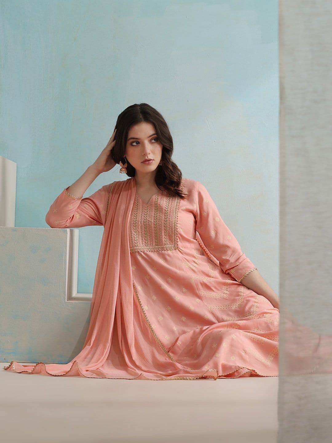 Khushal K V Neck Gotta Patti Ethnic Embroidered Straight Kurta with Palazzo & Dupatta - view 1