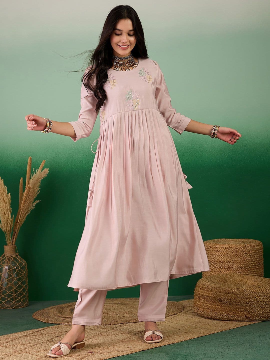 Sangria Ethnic Motifs Embroidered Round Neck Kurta With Trousers - view 1