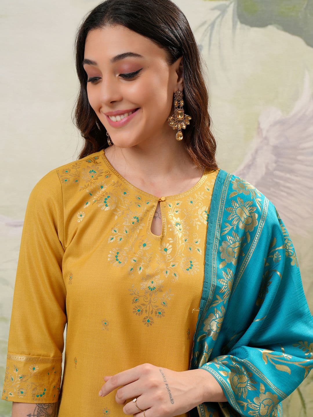 Vishudh Yellow Floral Printed Regular Kurta with Palazzo & Dupatta - view 1