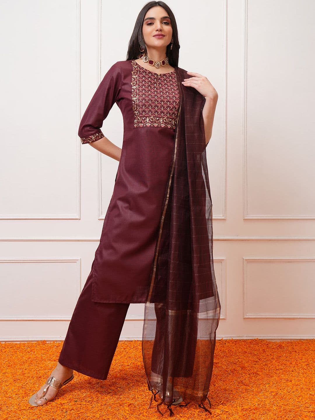 Vishudh Burgundy Ethnic Motifs Yoke Design Thread Work Kurta with Palazzo & Dupatta - view 1