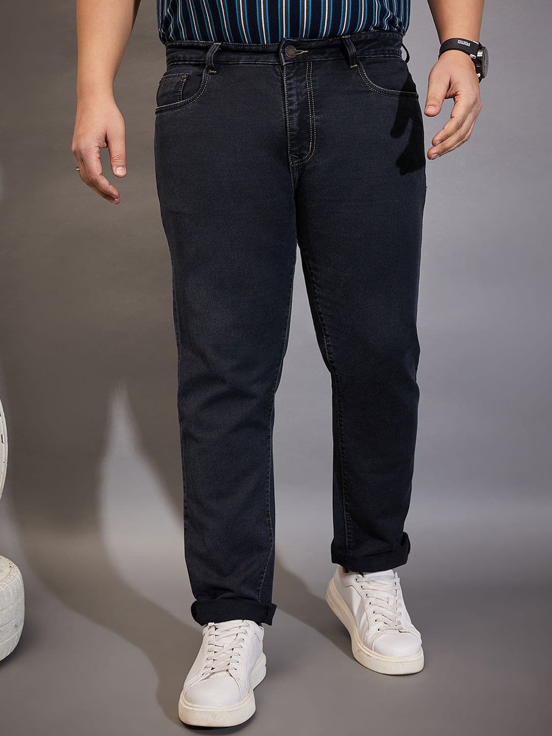 bigbanana Men Solid Black Plus Size Mid Rise Clean Look Stretchable Jeans - view 1