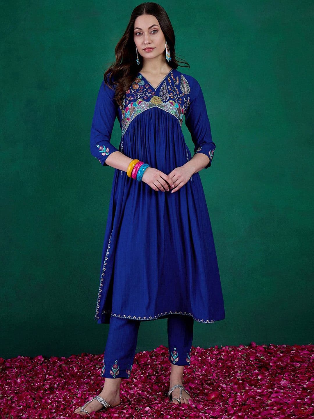 Sangria Floral Embroidered Sequinned V-Neck Empire A-Line Kurta With Trousers - view 1