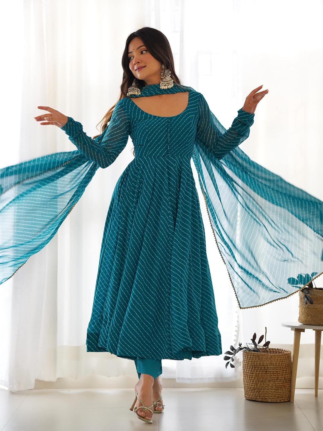 LABELKBBRAND Blue Round Neck Leheriya Striped Empire Gotta Patti Anarkali Kurta Set - view 1