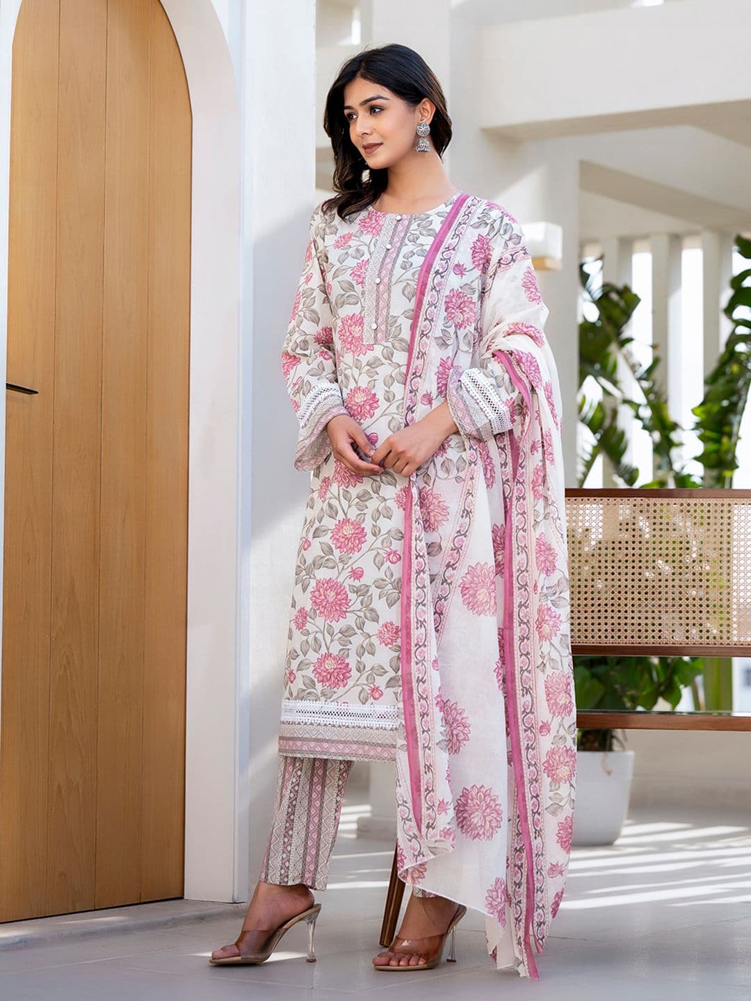 Yufta Floral Printed Regular Thread Work Pure Cotton Kurta with Trouser & Dupatta - view 1