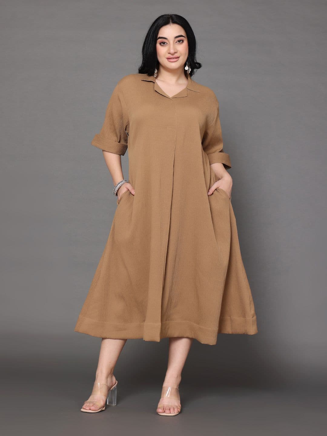 Sztori Plus Size Shirt Collar Crepe A-Line Midi Dress - view 1