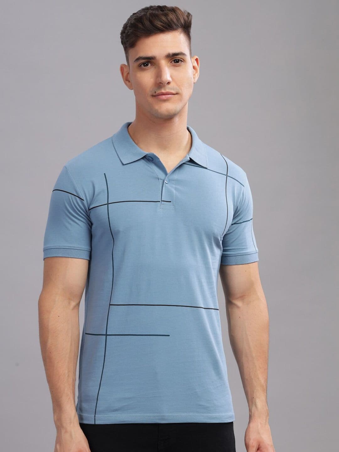 ADRO Geometric Printed Polo Collar Short Sleeves Cotton Oversized Casual T-shirt - view 1