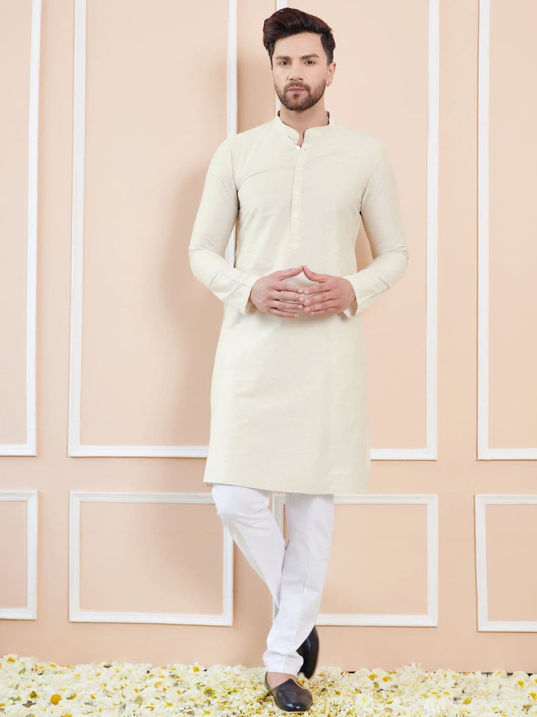 See Designs Long Sleeves Mandarin Collar Cotton Thread Work Kurta - view 1