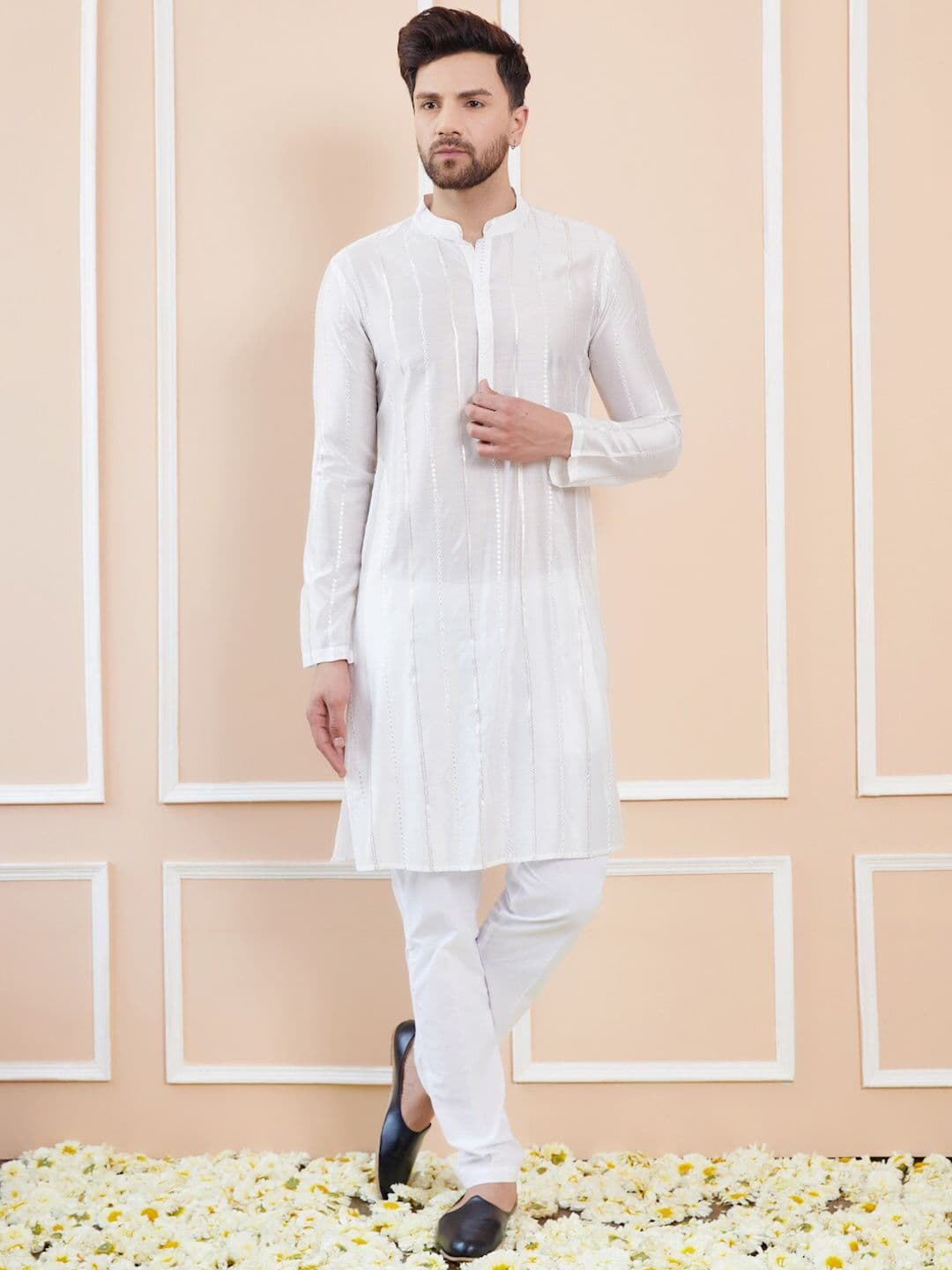 See Designs Striped Mandarin Collar Sequins Straight Kurta - view 1