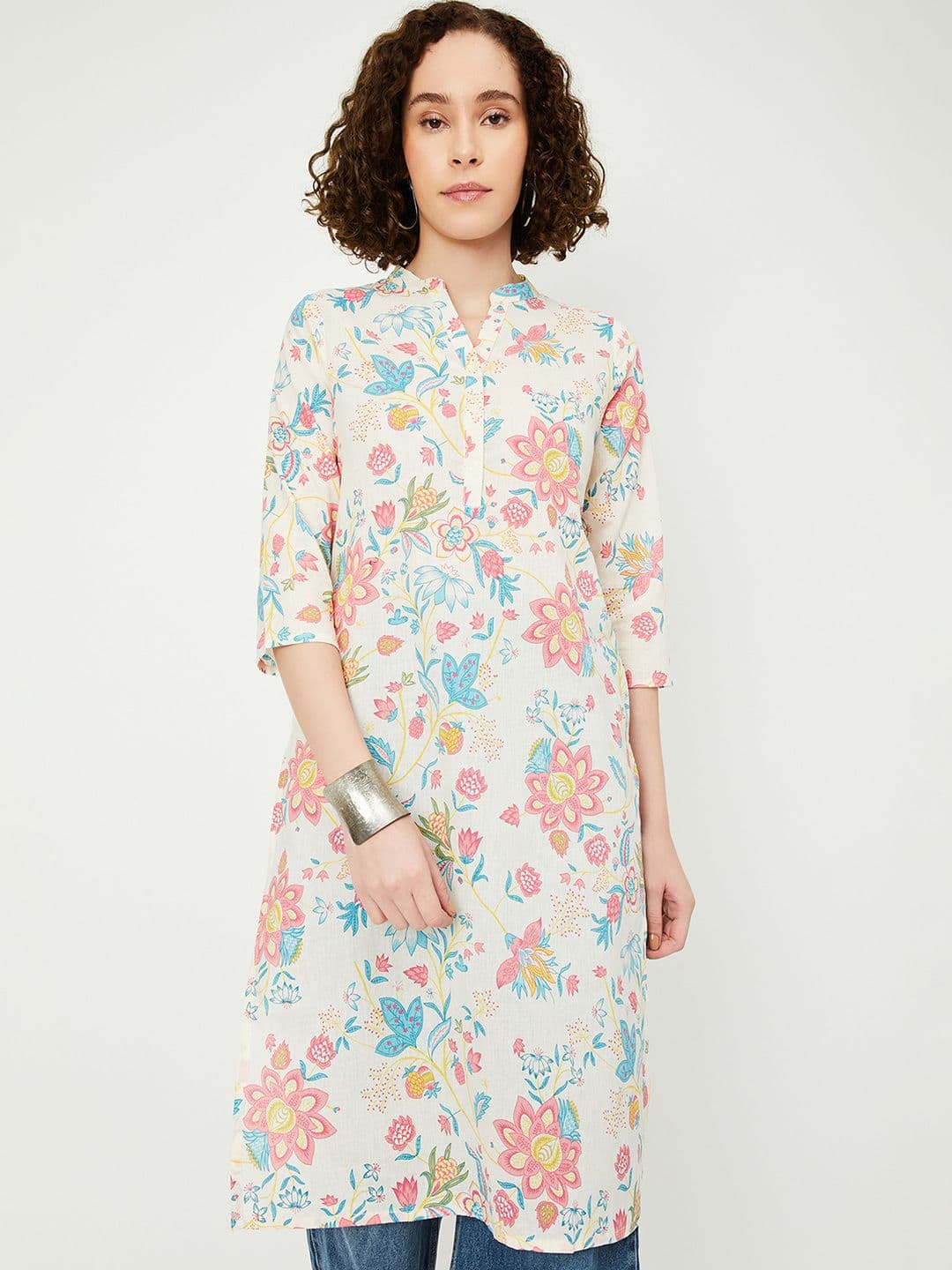 max Floral Printed Shirt Collar Straight Cotton Kurta - view 1