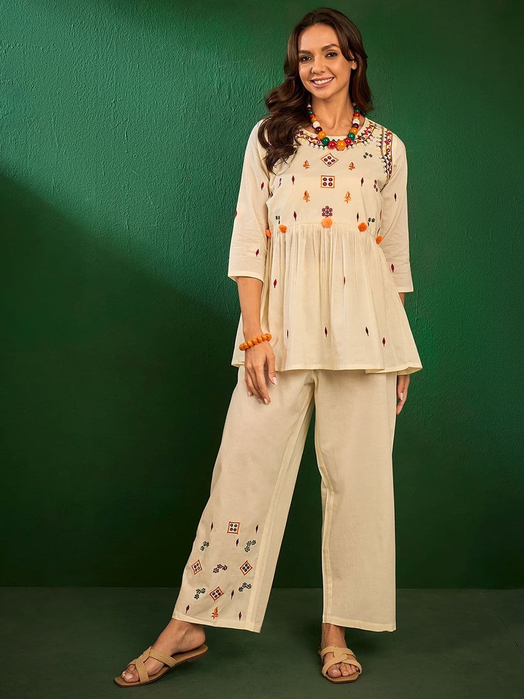 Sangria Embroidered Cotton Top With Palazzos Co-Ords - view 1