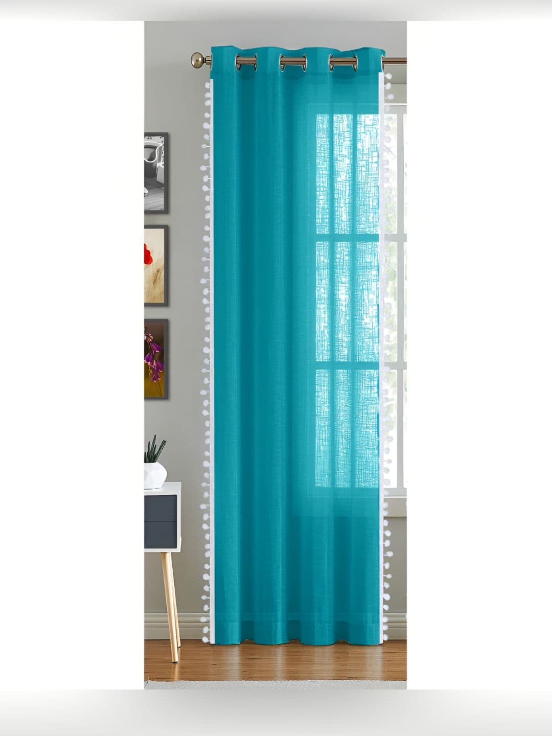 HOMEMONDE Blue & White Cotton Eyelet Sheer Long Door Curtain - view 1