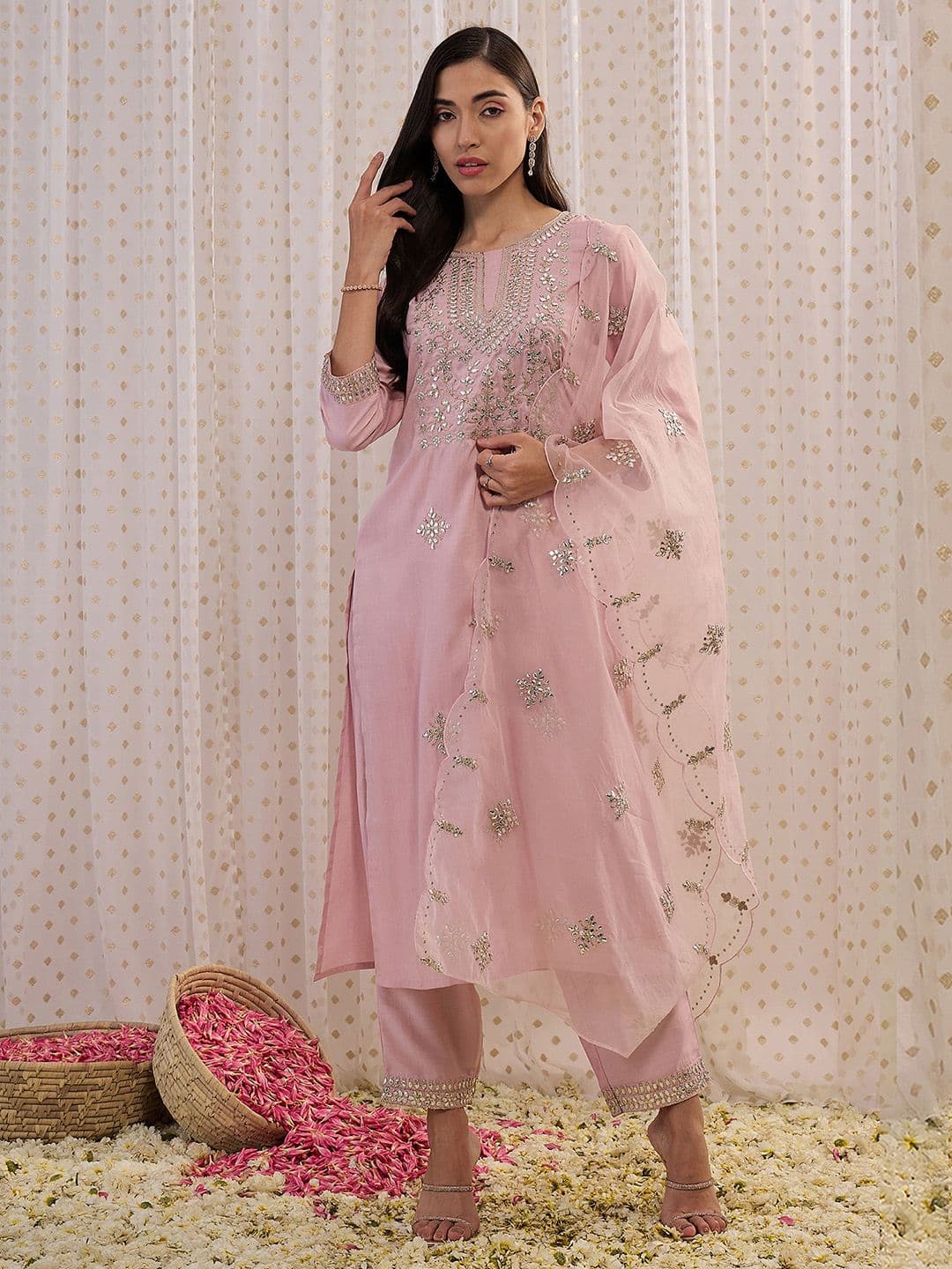 Indo Era Pink Ethnic Motifs Embroidered Gotta Patti Kurta with Trousers & Dupatta - view 1