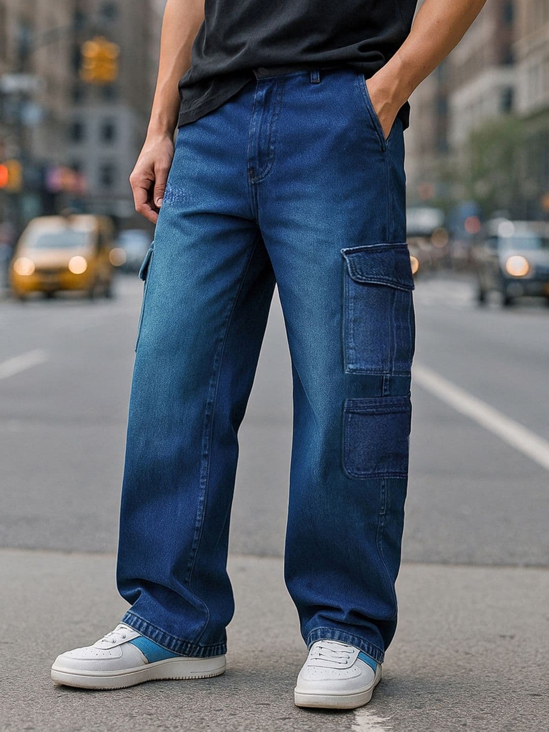Bewakoof Men's Blue Baggy Washed Cargo Mid-Rise Cotton Straight Fit Jeans - view 1