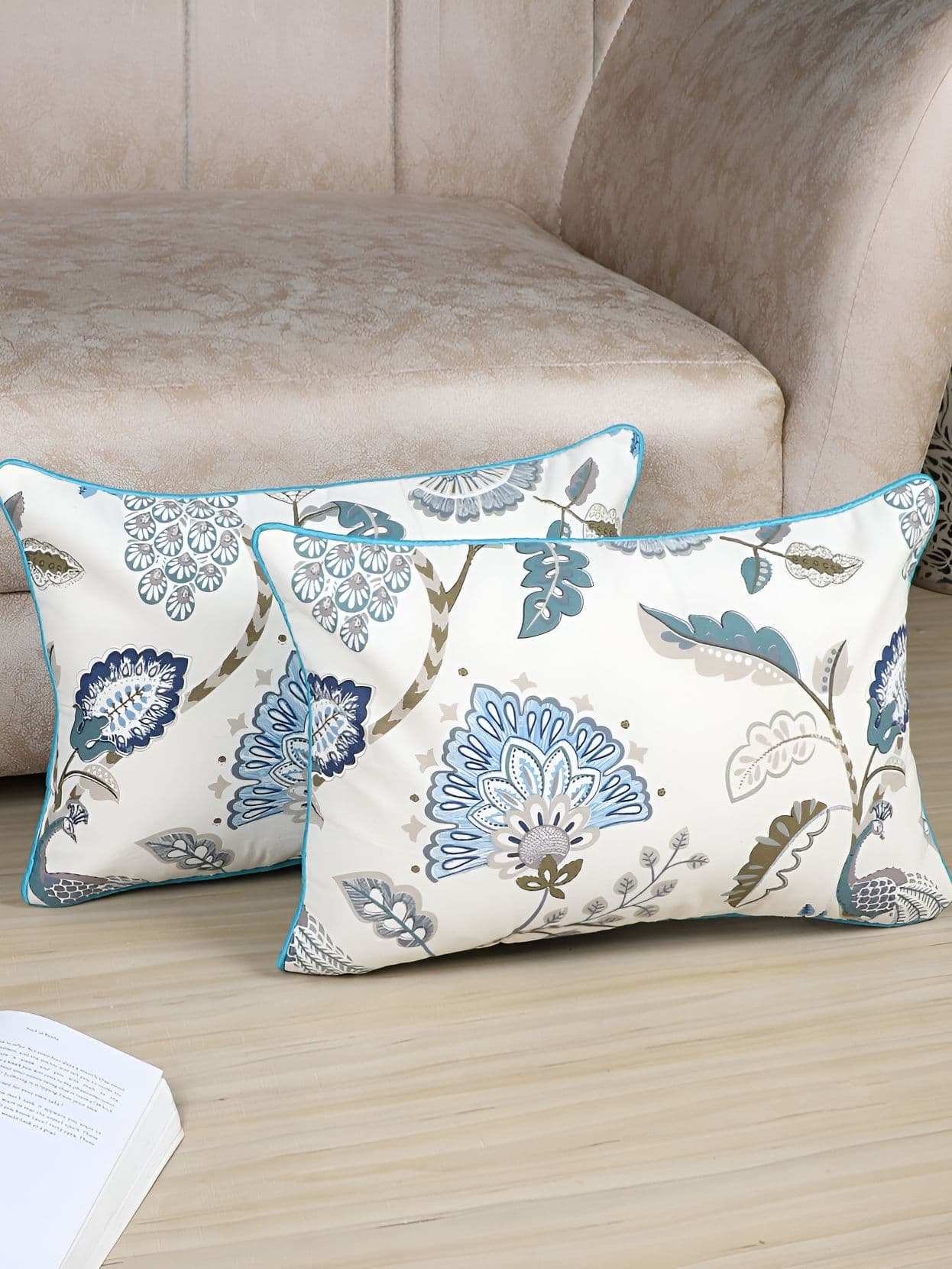 MFD HOME FURNISHING Beige Floral Polyester Silk Breathable 2 Pcs Cushion Covers -12x18In - view 1