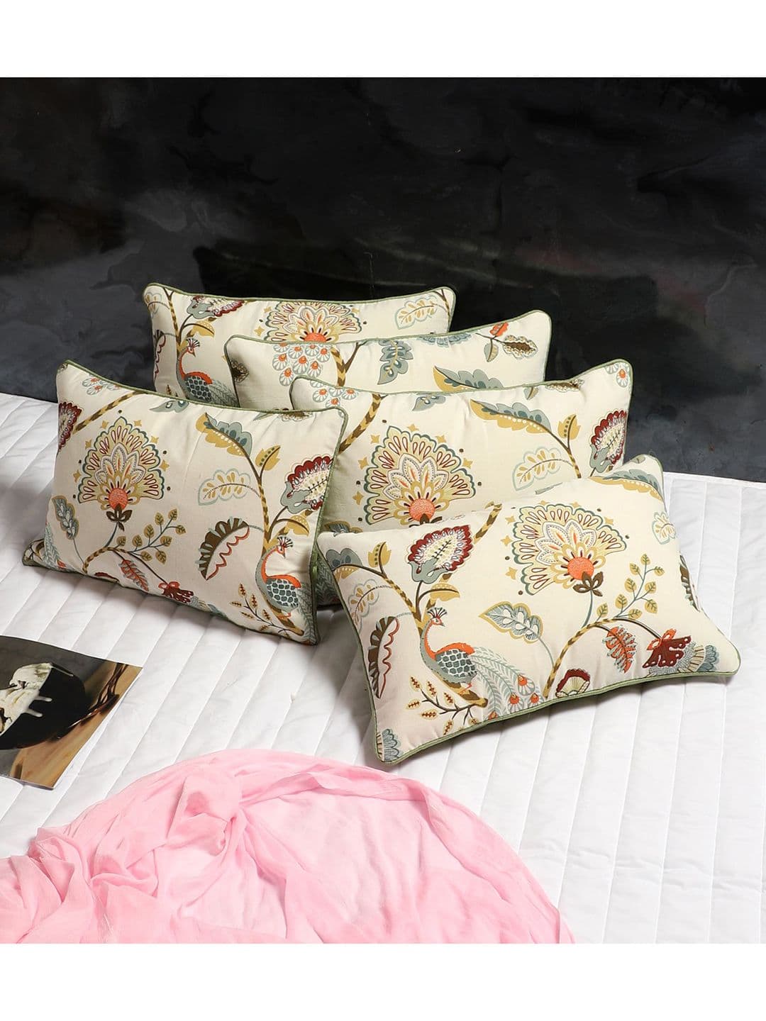 MFD HOME FURNISHING Beige & Green 5 Pieces Floral Rectangle Cotton Cushion Covers - view 1