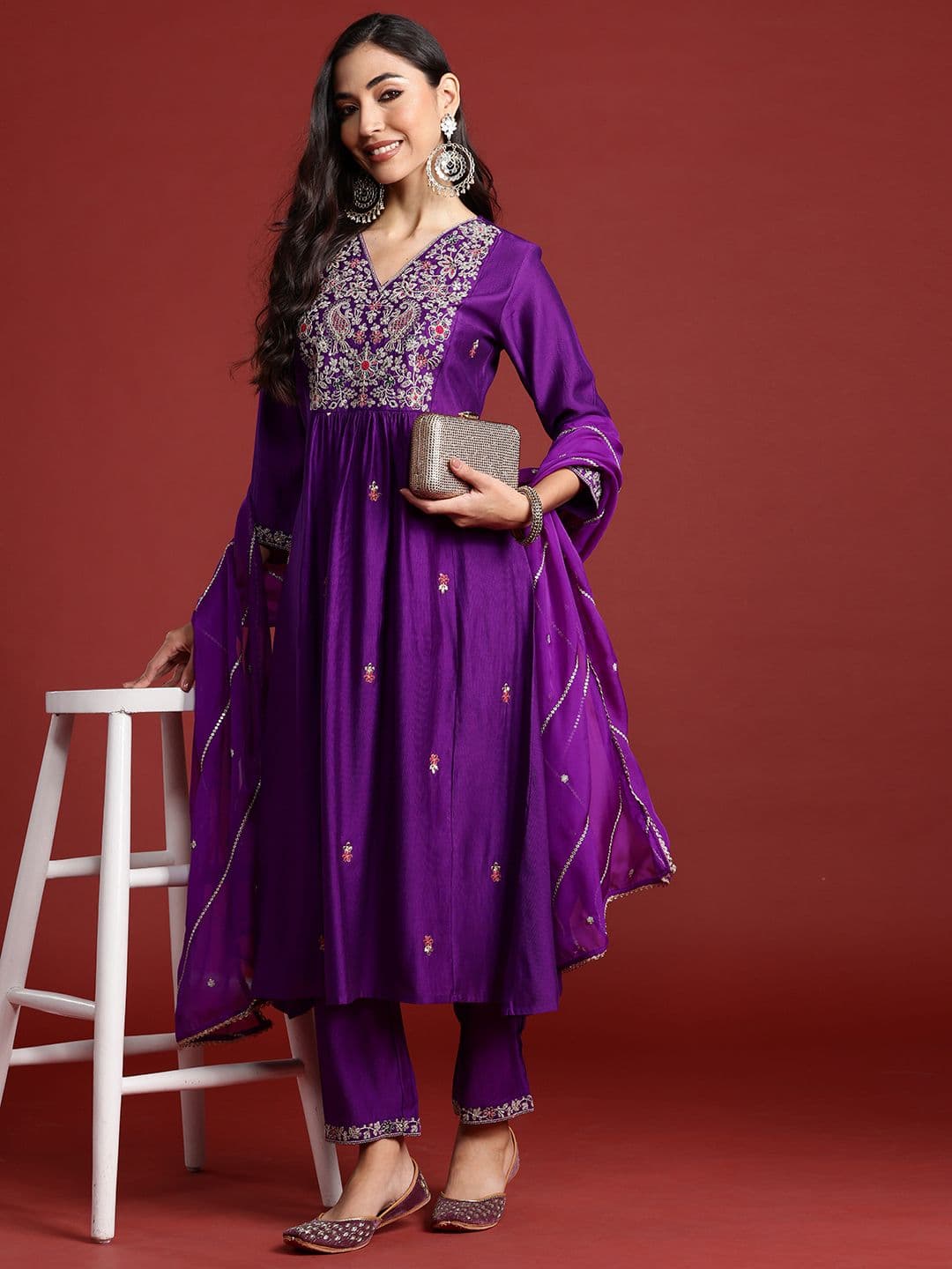 Indo Era Floral Embroidered Pleated Aari Work Liva Kurta With Trousers & Dupatta - view 1