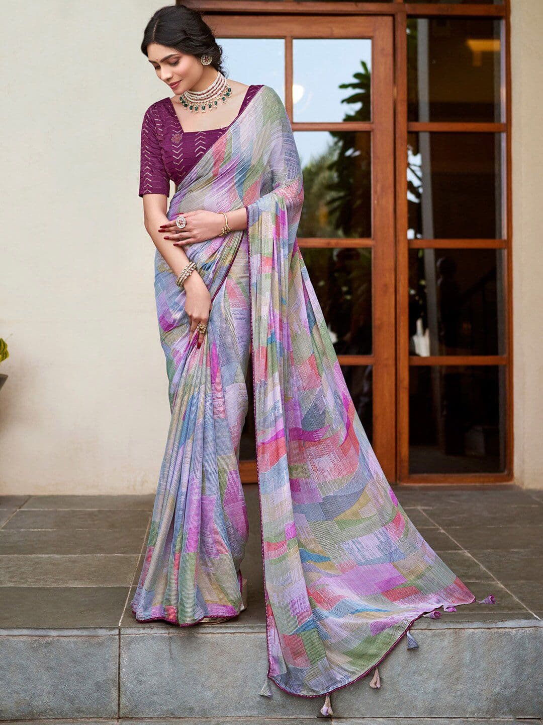 Saree mall Beads and Stones Poly Chiffon Bagru Sarees - view 1