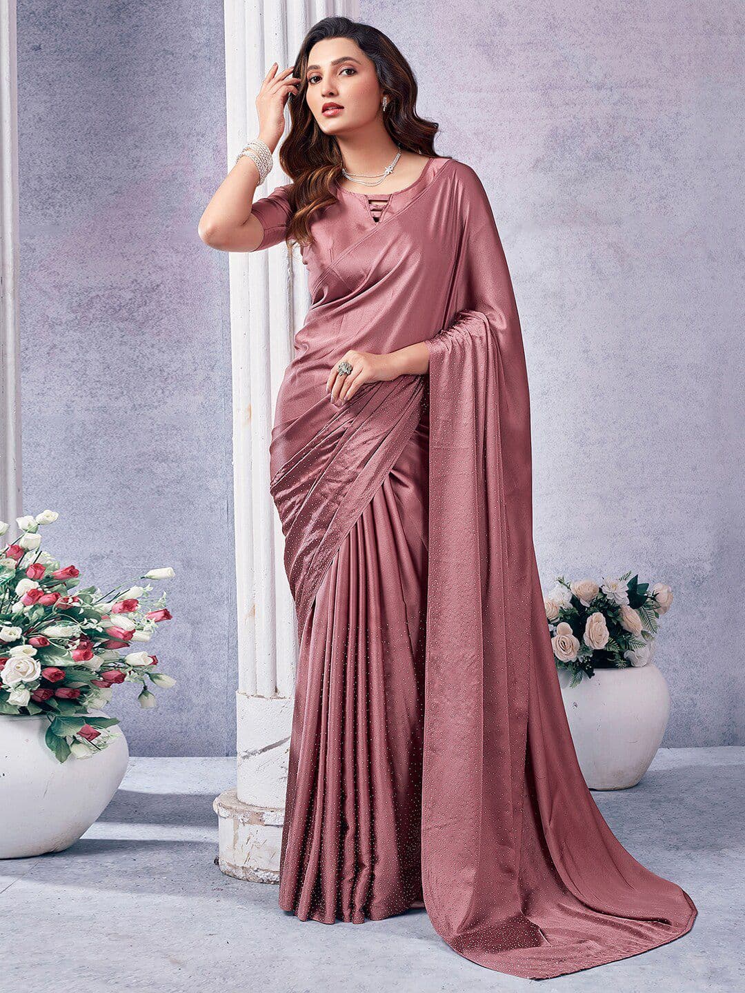 Mitera Embellished Beads and Stones Satin Saree - view 1