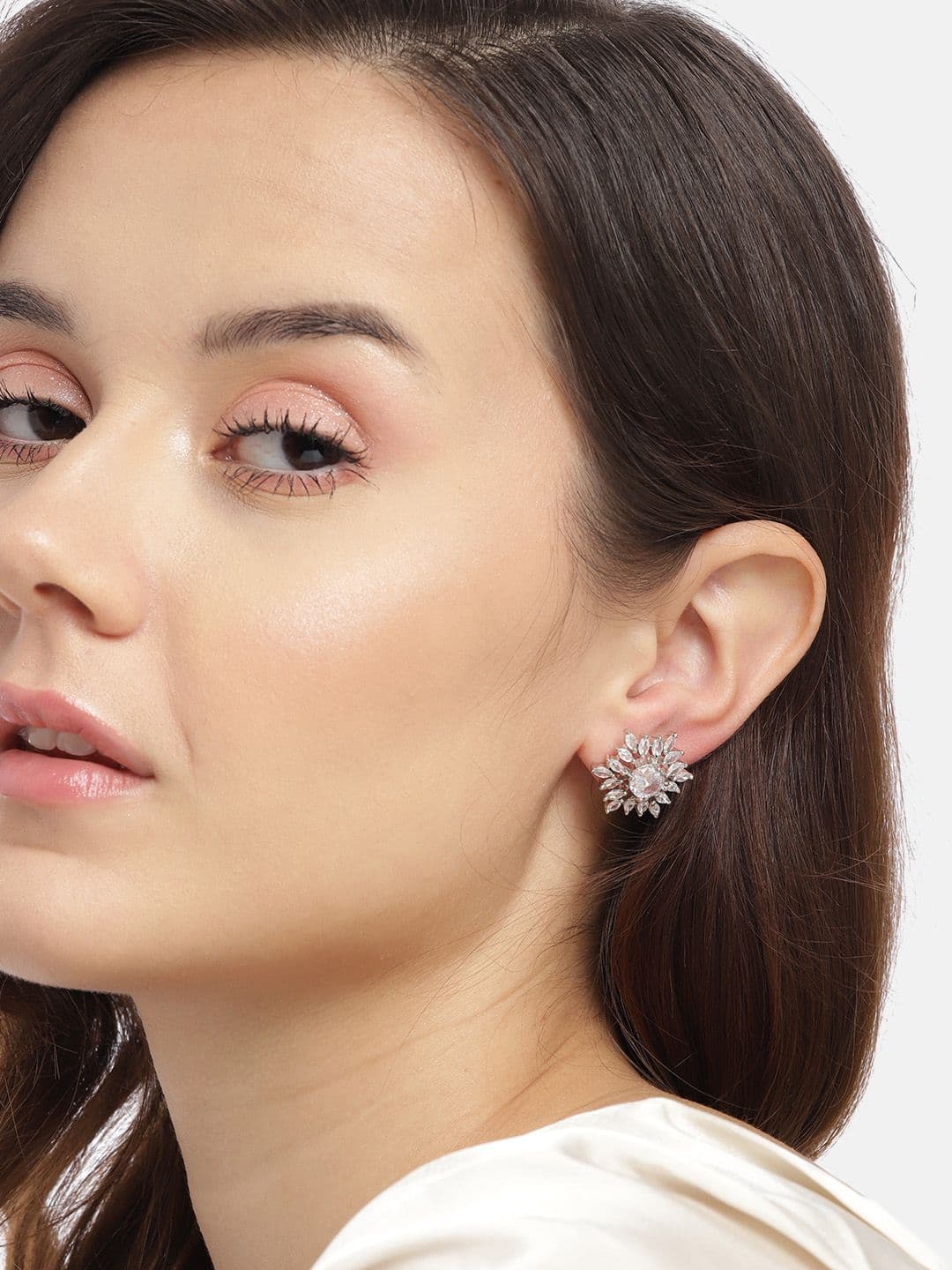 Anouk Silver-Plated American Diamond Floral Studs - view 1