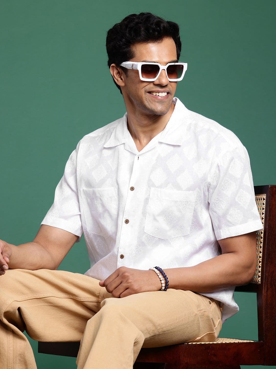 Sangria Men Textured Cuban Collar Boxy Pure Cotton Casual Shirt - view 1