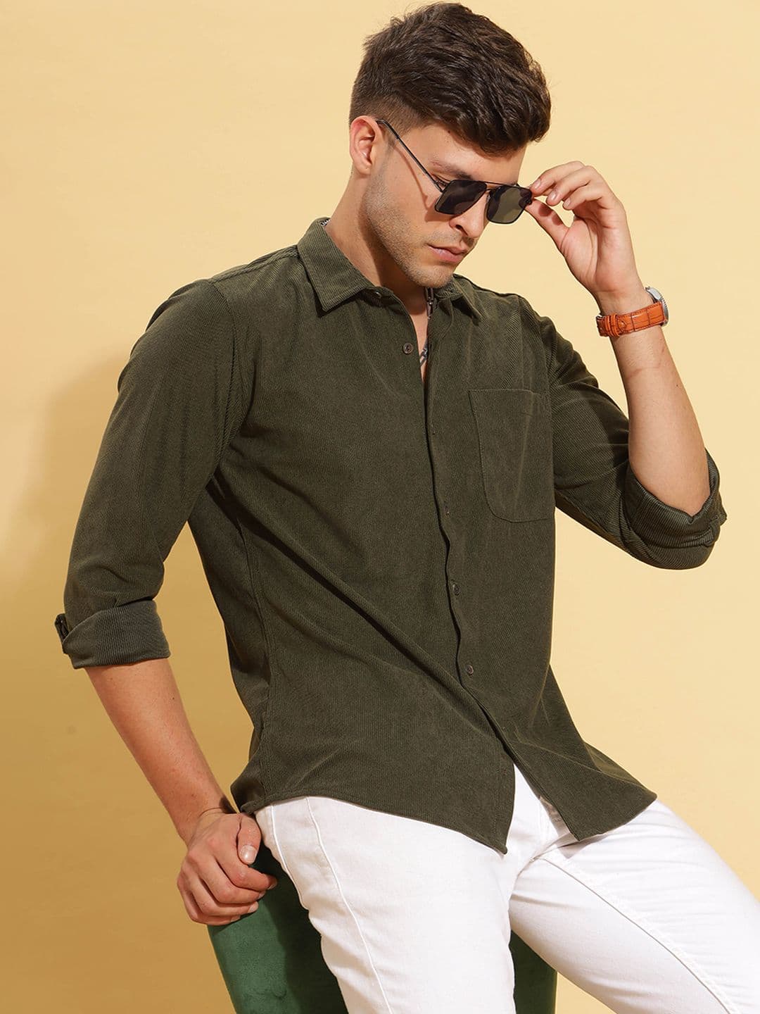 HERE&NOW Spread Collar Slim Fit Corduroy Casual Shirt - view 1