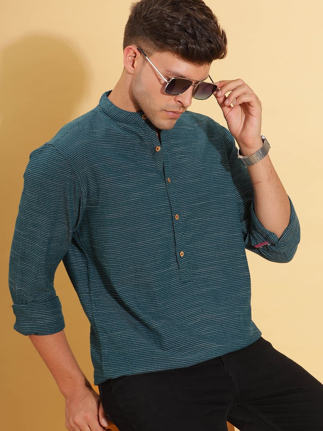 HERE&NOW Band Collar Cotton Short Kurta
