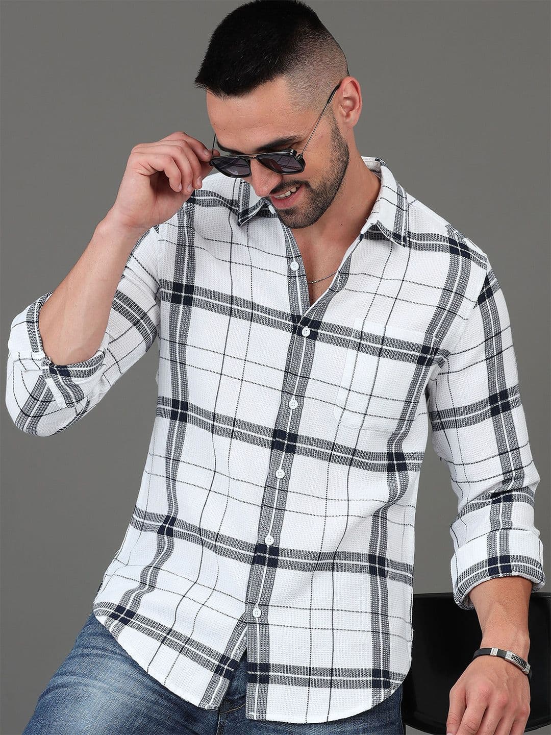 HERE&NOW Slim Fit Tartan Checked Spread Collar Cotton Shirt - view 1