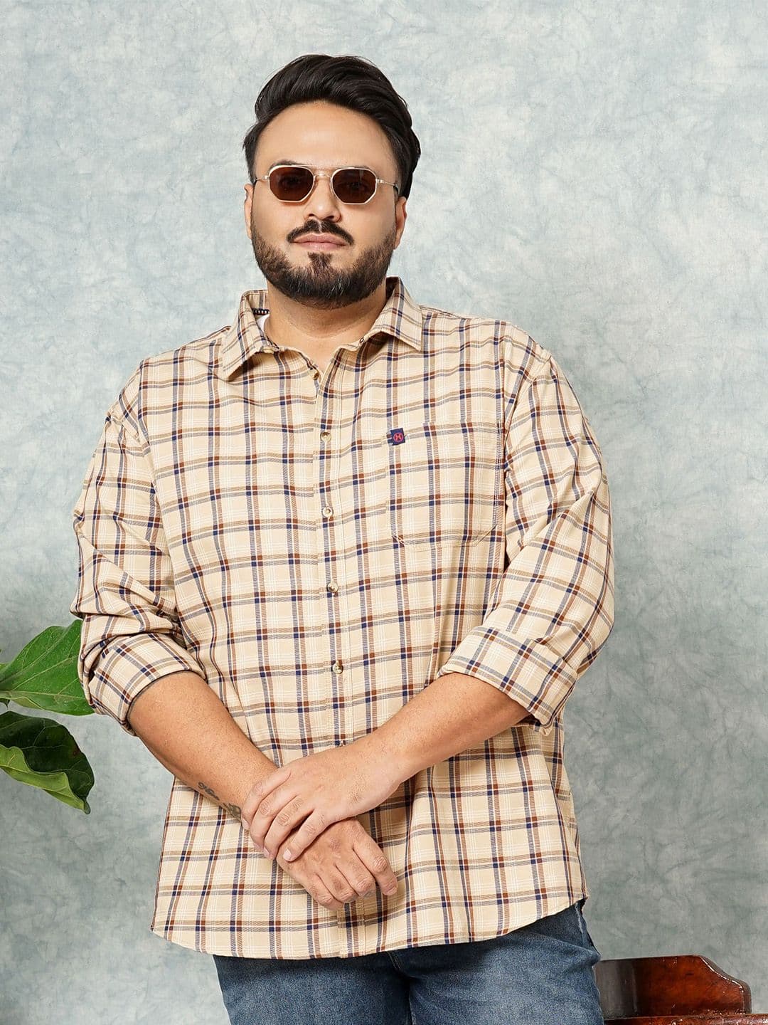 Hardsoda by The Indian Garage Co Plus Size Checked Spread Collar Long Sleeves Casual Shirt - view 1