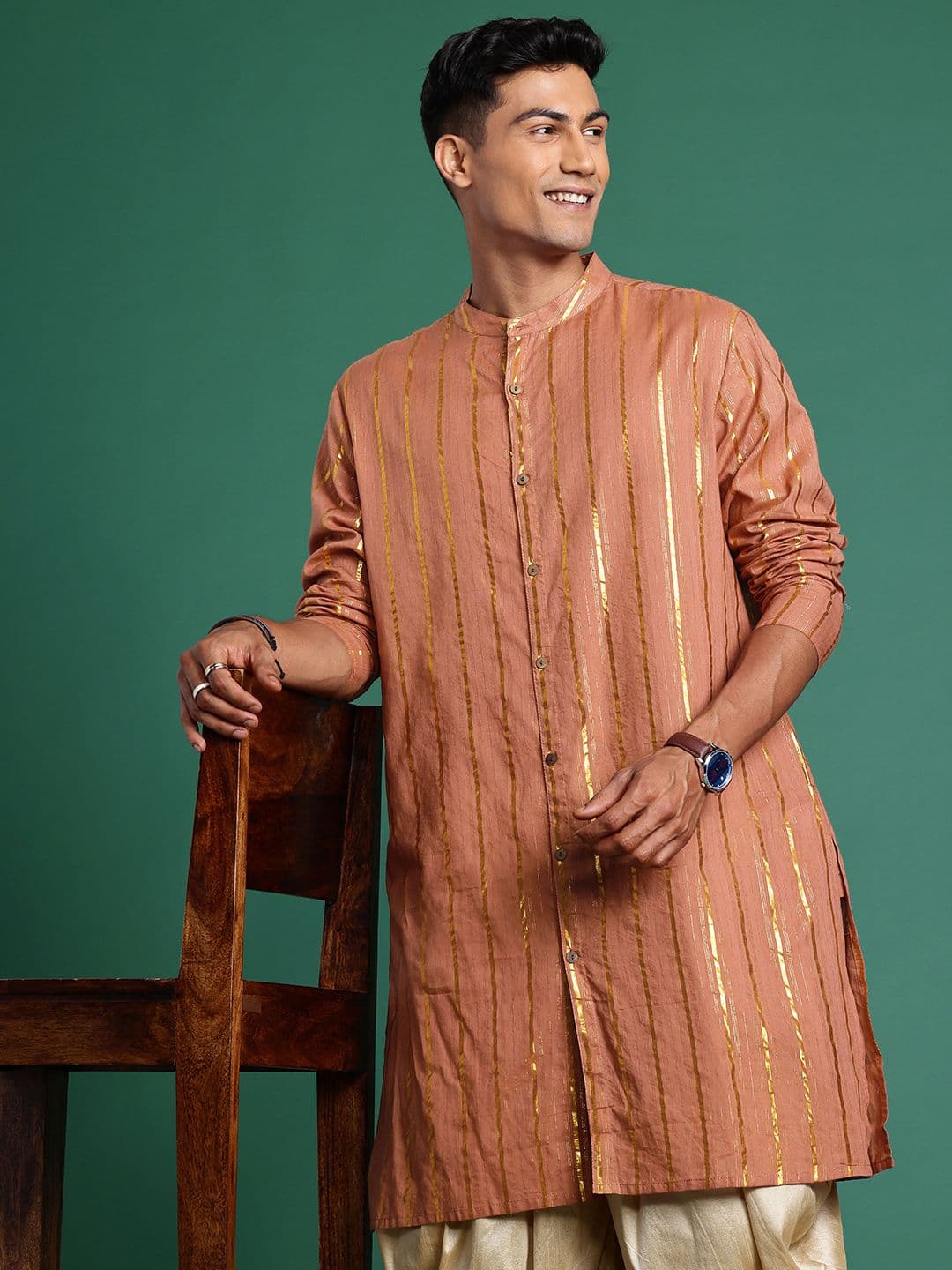 Sangria Men Striped Mandarin Collar Pure Cotton Kurta - view 1