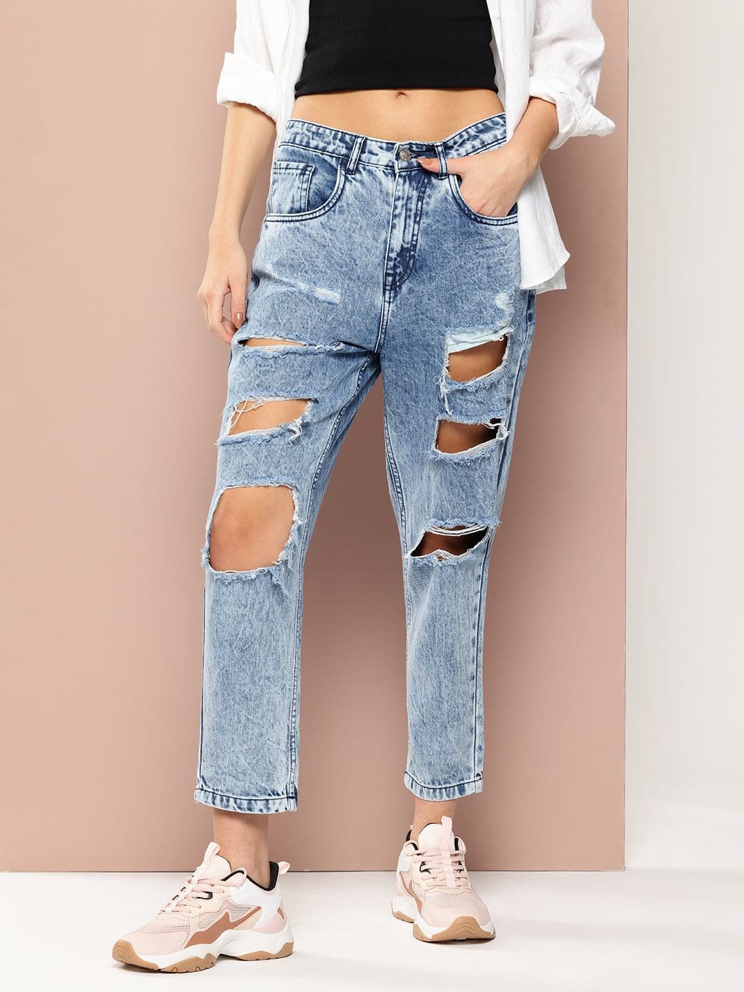 Harvard Women Boyfriend Fit Highly Distressed Pure Cotton Light Fade Jeans - view 1