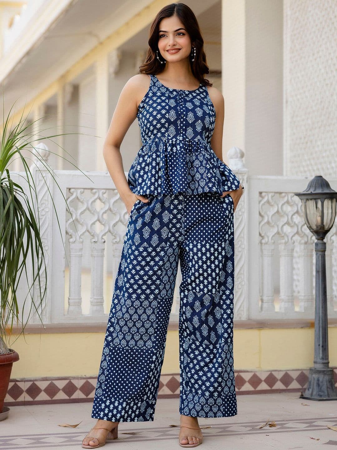 Nayo Printed Pure Cotton Peplum Top With Trousers Co-Ords - view 1