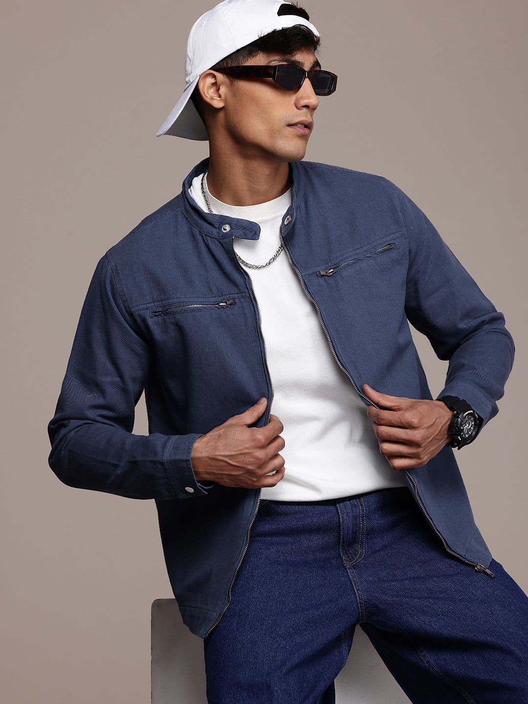 WROGN Pure Cotton Band Collar Tailored Jacket - view 1