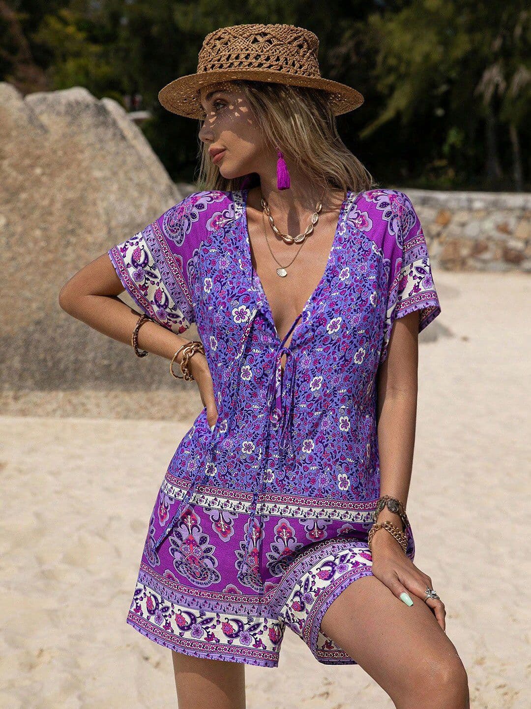 JC Mode Floral Printed Tie-Up Neck Playsuit - view 1