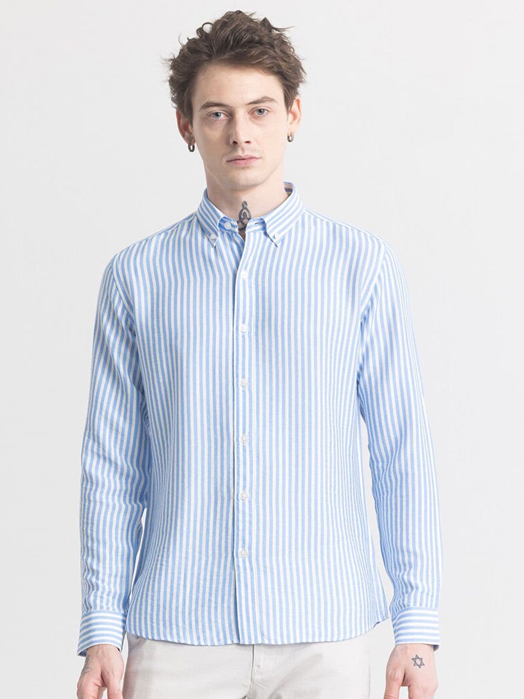 Snitch Blue & White Striped Classic Slim Fit Opaque Casual Shirt - view 1