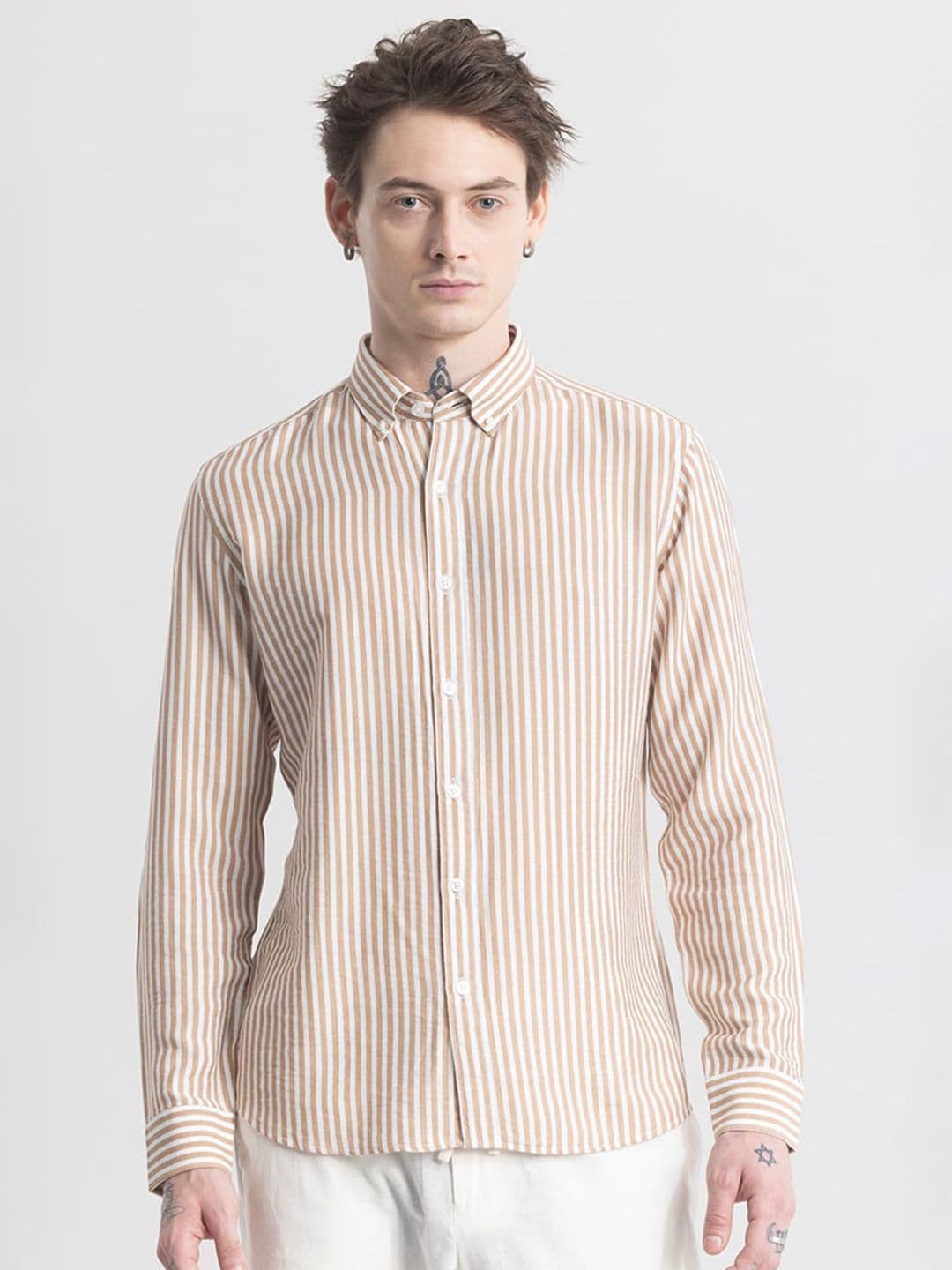 Snitch Beige & White Striped Classic Slim Fit Opaque Casual Shirt - view 1