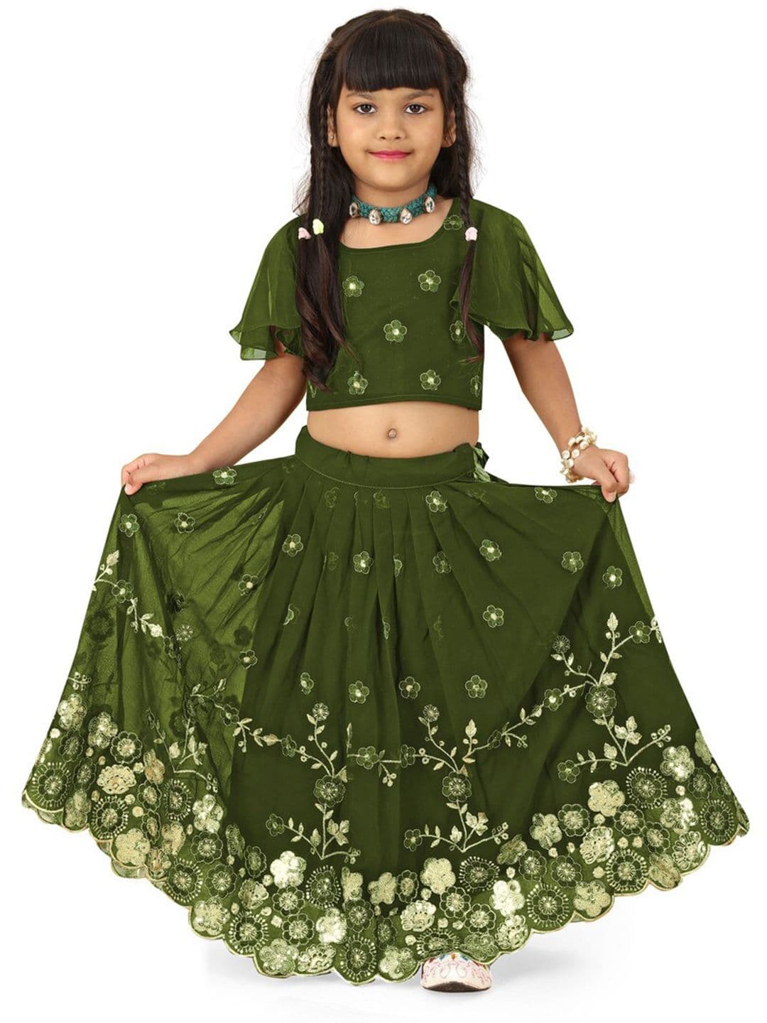 BAESD Girls Embroidered Flared Sleeves Thread Work Ready to Wear Lehenga With Blouse - view 1