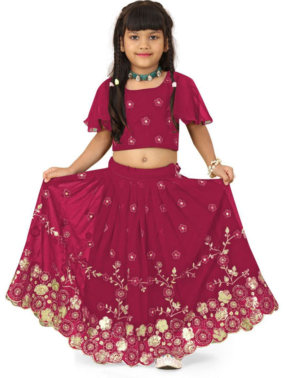 BAESD Girls Embroidered Flared Sleeves Thread Work Ready to Wear Lehenga With Blouse - view 1