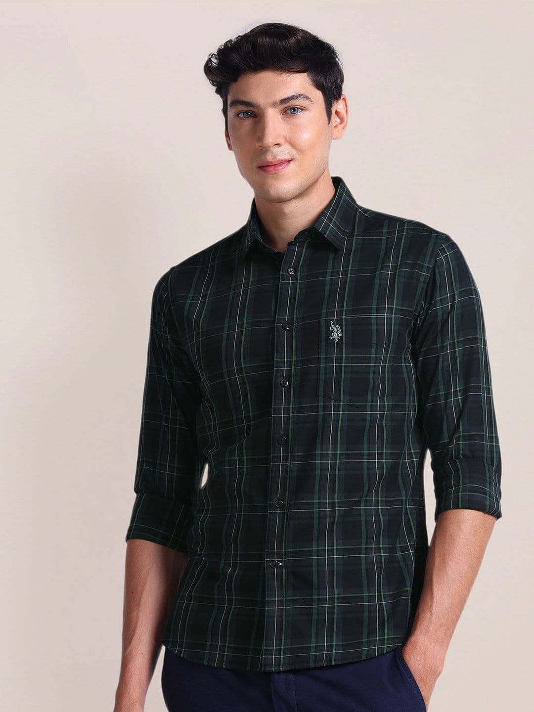 U.S. Polo Assn. Spread Collar Long Sleeves Checked Regular Fit Cotton Casual Shirt - view 1