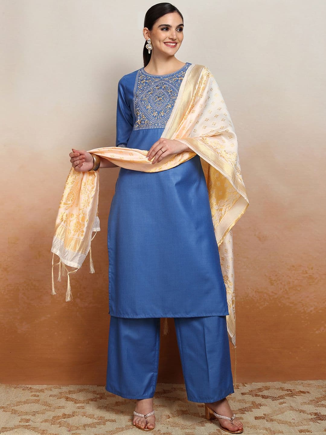 Vishudh Embroidered Straight Kurta With Palazzo & Dupatta - view 1