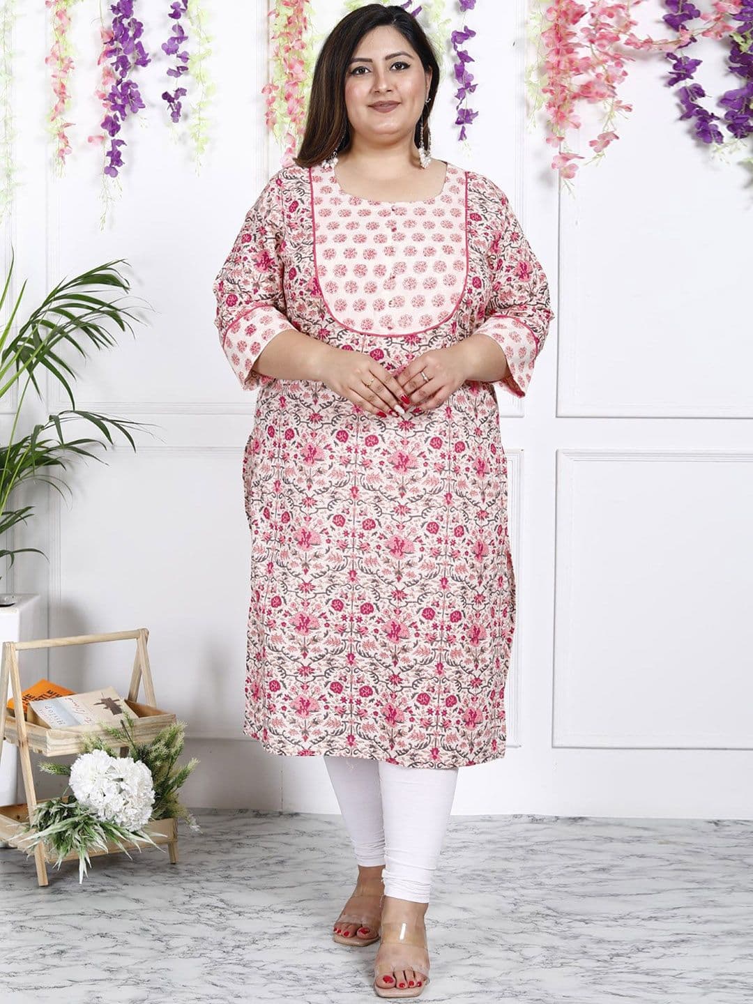 KALINI Floral Printed Checked Straight Kurta - view 1