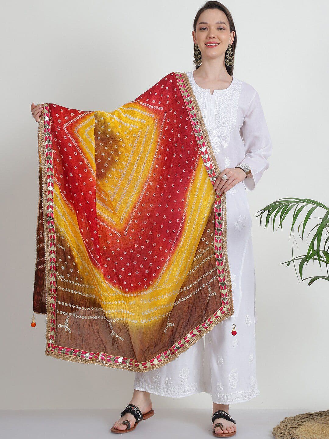 LOOM LEGACY Bandhani Printed Gotta Patti Tasselled Dupatta - view 1