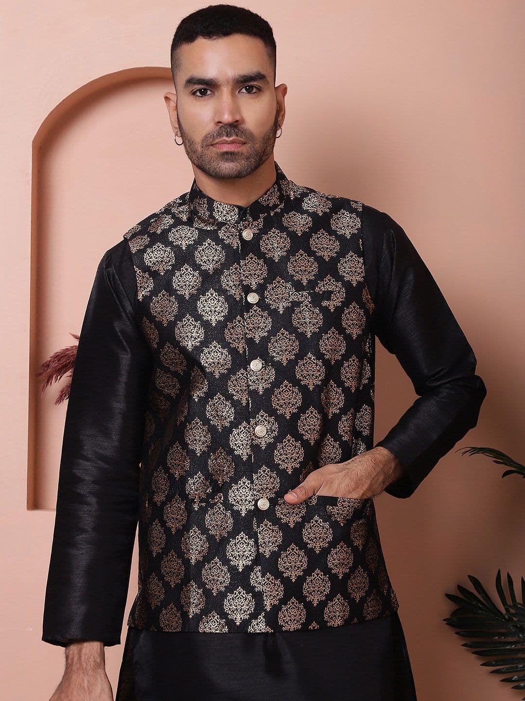 Jompers Floral Printed Satin Nehru Jacket - view 1