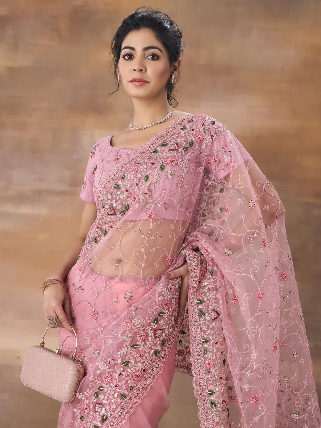 kasee Floral Embroidered Net Saree With Blouse Piece - view 1