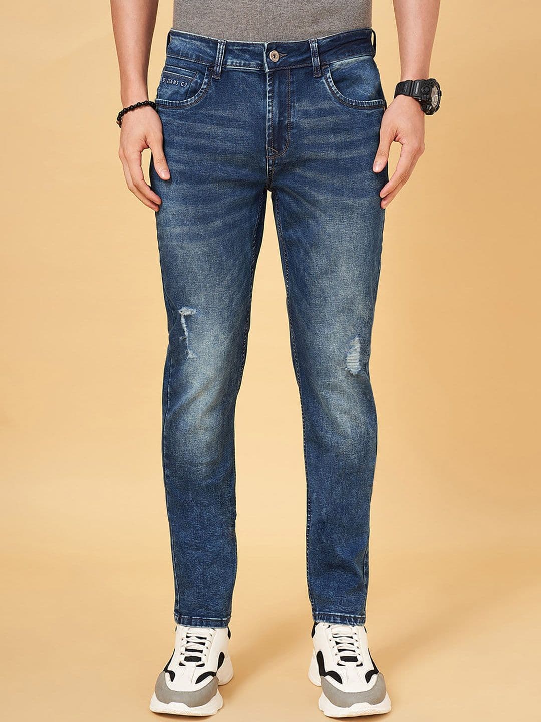 SF JEANS by Pantaloons Men Slim Fit Mildly Distressed Heavy Fade Jeans - view 1