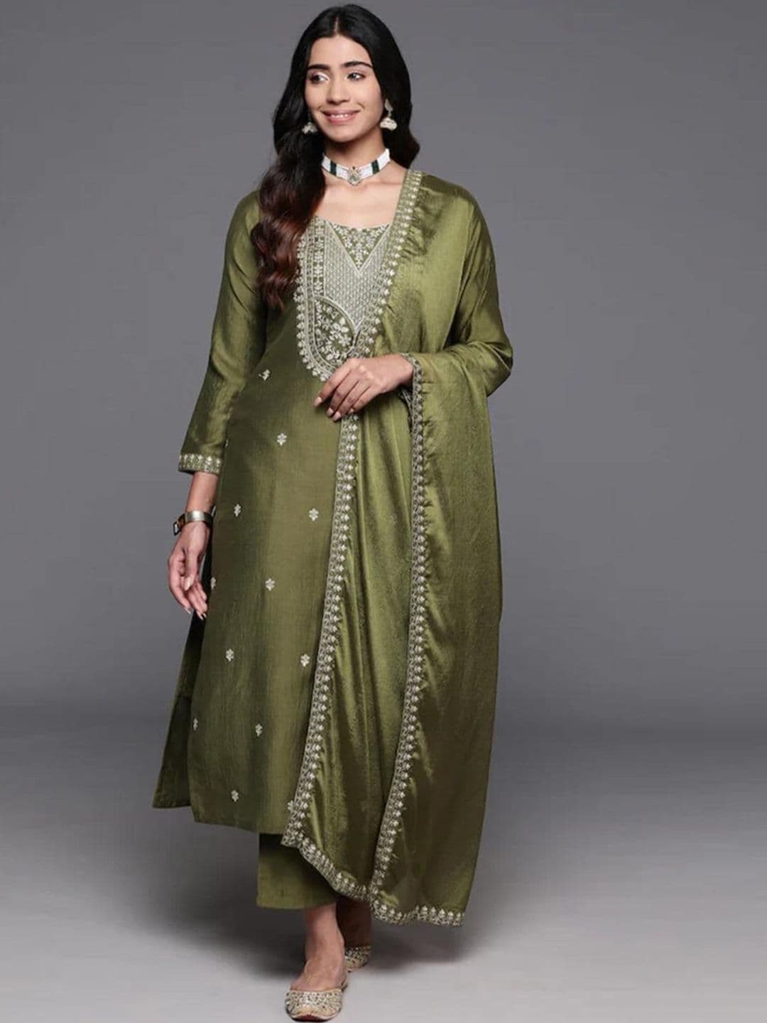 S.K.C Women Ethnic Motifs Embroidered Thread Work Kurta with Trousers & With Dupatta - view 1