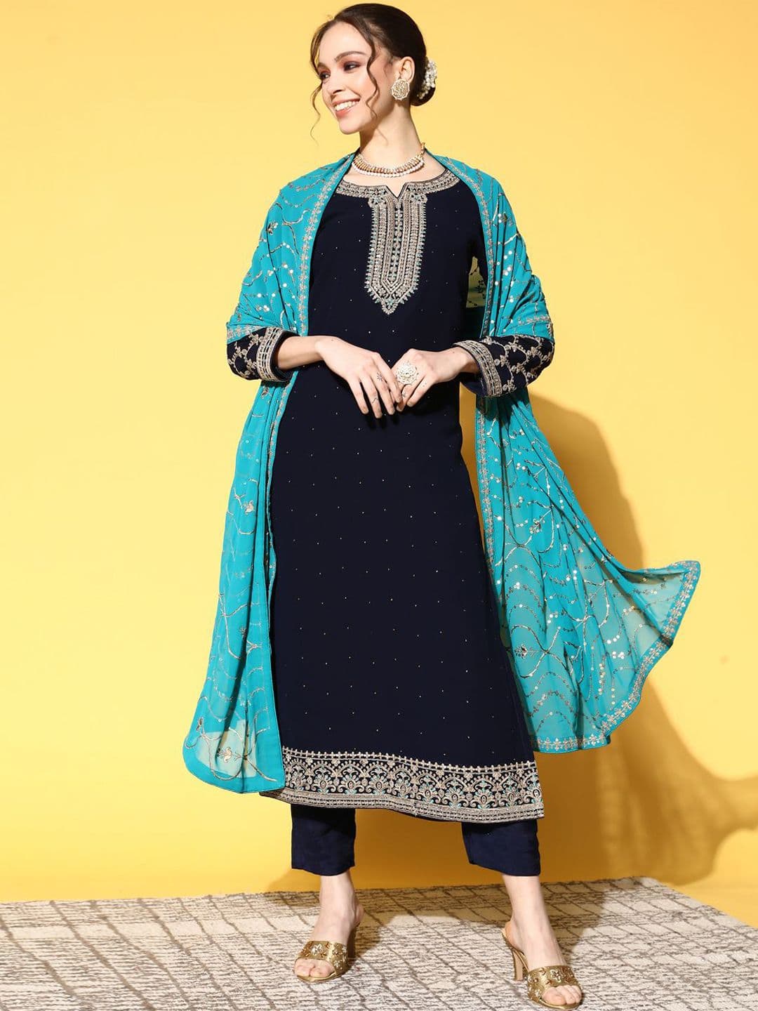 Sangria Floral Embroidered Notch Neck Sequence Straight Kurta With Trousers & Dupatta - view 1