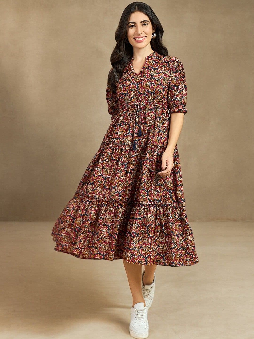 Azira Women Ethnic Motif Print Mandarin Collar Short Puff Sleeves Cotton A-Line Midi Dress - view 1
